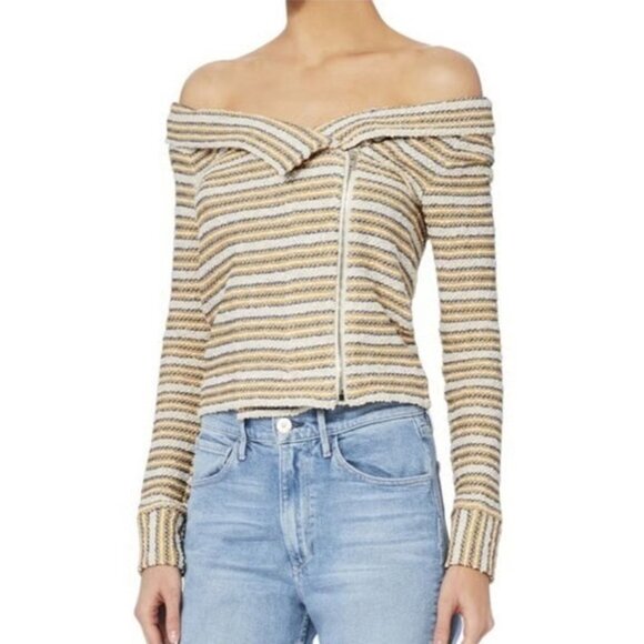 IRO Vana Woven Yellow Blue Stripe Off Shoulder Asymmetrical Zip-Up Jacket 36 Top - Picture 7 of 7